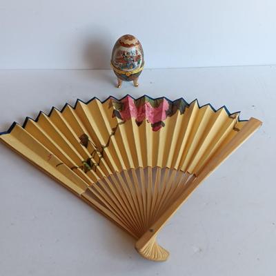 Vintage Hand fan with Fine porcelain hand painted Imperial Treasures Collection egg ring box