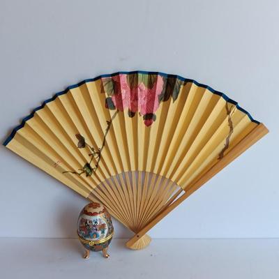 Vintage Hand fan with Fine porcelain hand painted Imperial Treasures Collection egg ring box