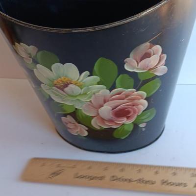 Vintage Metal Hand Painted floral tole. - lion head handled - bucket