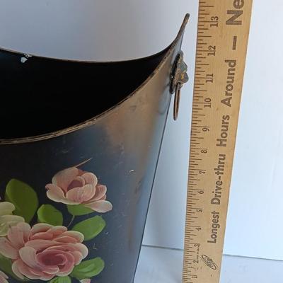 Vintage Metal Hand Painted floral tole. - lion head handled - bucket