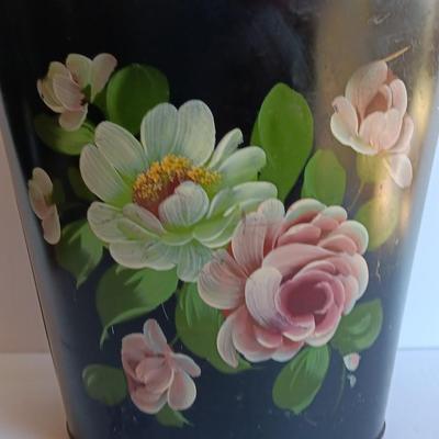 Vintage Metal Hand Painted floral tole. - lion head handled - bucket