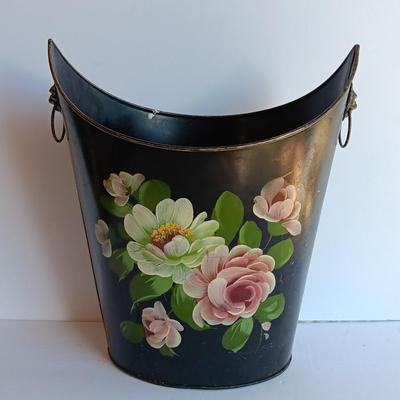 Vintage Metal Hand Painted floral tole. - lion head handled - bucket