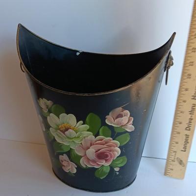 Vintage Metal Hand Painted floral tole. - lion head handled - bucket