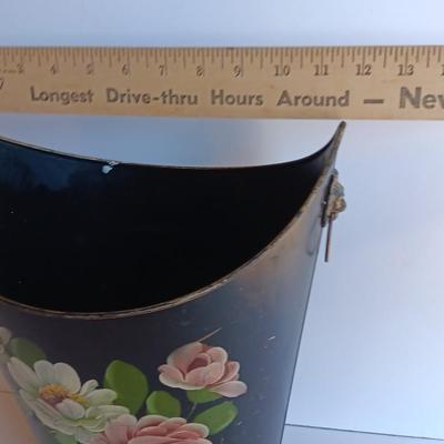 Vintage Metal Hand Painted floral tole. - lion head handled - bucket