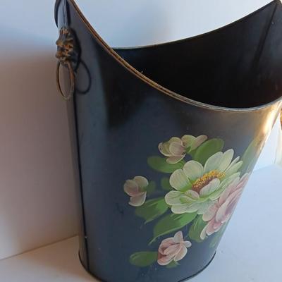 Vintage Metal Hand Painted floral tole. - lion head handled - bucket