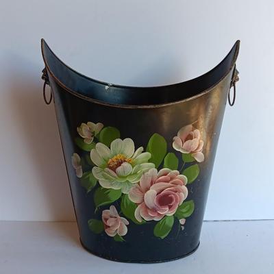 Vintage Metal Hand Painted floral tole. - lion head handled - bucket