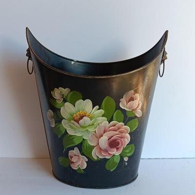 Vintage Metal Hand Painted floral tole. - lion head handled - bucket