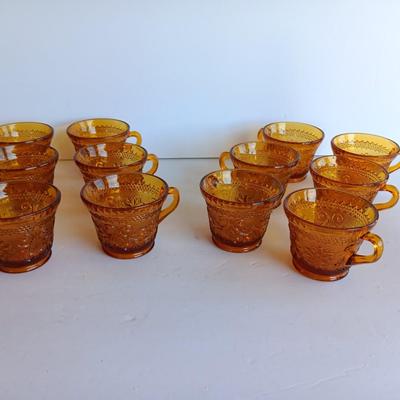 Set of 8, Amber / Honeycomb Color 1970s Indiana Glass Tiara Glass Coffee Cups,
