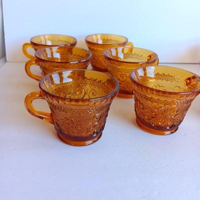 Set of 8, Amber / Honeycomb Color 1970s Indiana Glass Tiara Glass Coffee Cups,