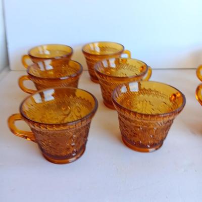Set of 8, Amber / Honeycomb Color 1970s Indiana Glass Tiara Glass Coffee Cups,