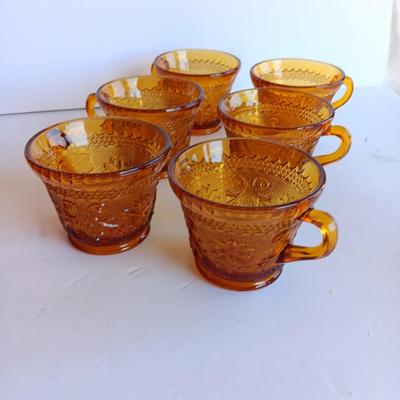 Set of 8, Amber / Honeycomb Color 1970s Indiana Glass Tiara Glass Coffee Cups,