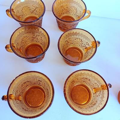 Set of 8, Amber / Honeycomb Color 1970s Indiana Glass Tiara Glass Coffee Cups,