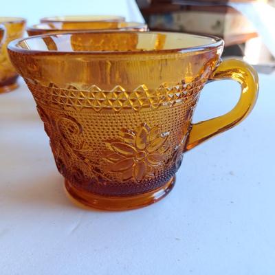 Set of 8, Amber / Honeycomb Color 1970s Indiana Glass Tiara Glass Coffee Cups,