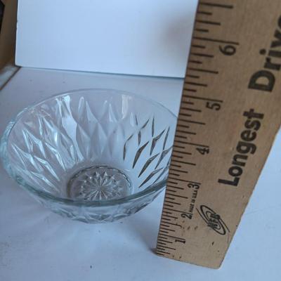Vintage Anchor Hocking Wexford pattern Glass candy dish with lid and two 5" glass bowls