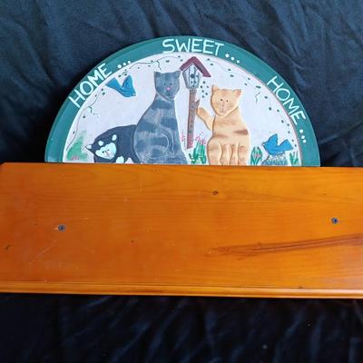 Wood wall mount shelf with Home sweet home wall hanging