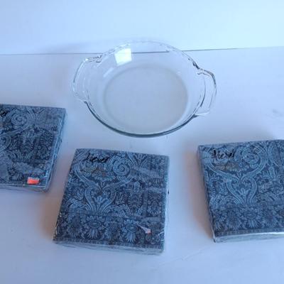 Glass pie dish with three new packages of napkins - Just in time for fresh apple pie!