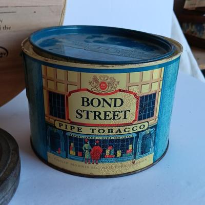 Vintage Bond Street Pipe Tobacco tin, mint tin, and wooden pie box