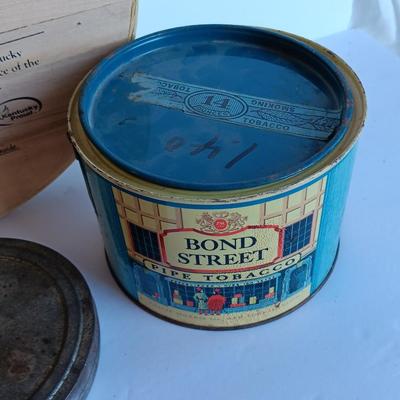 Vintage Bond Street Pipe Tobacco tin, mint tin, and wooden pie box