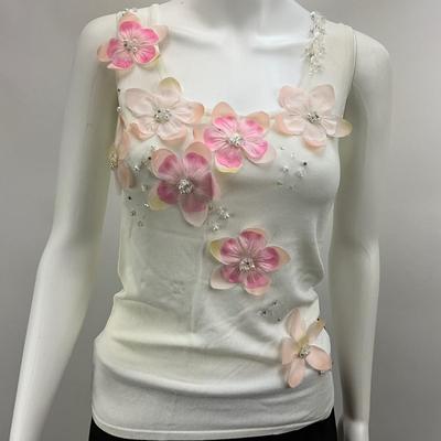 Lot 634 PRADA White Tank with Flowers Bead Work