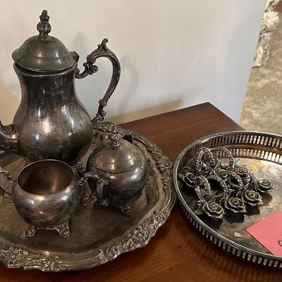 Silver Plated Tea Service with tray and napkin Rings