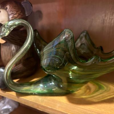 Art Glass Swan and carved Bear