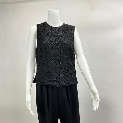 Lot 643 Oscar De La Renta Black Wool Pants & Beaded Sleeveless Black Tie by Oleg Cassini Top
