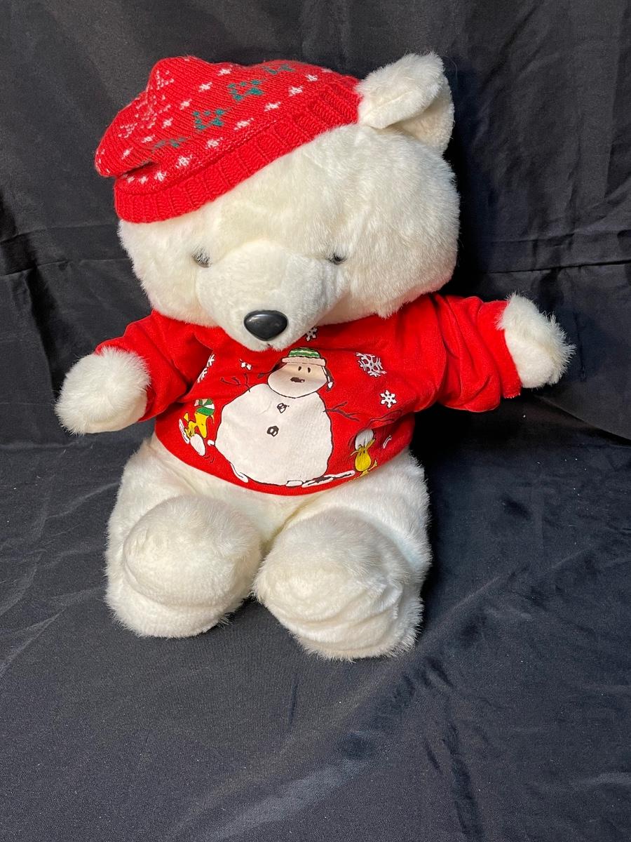 Plush White Christmas Teddy Bear Wearing Snoopy and Woodstock Holiday