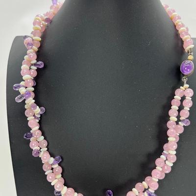 Vintage 1980s double twist 22â€ Rose Quartz, opal, Amethyst, crystal