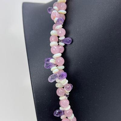 Vintage 1980s double twist 22â€ Rose Quartz, opal, Amethyst, crystal