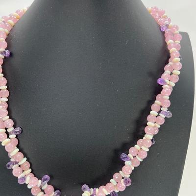 Vintage 1980s double twist 22â€ Rose Quartz, opal, Amethyst, crystal