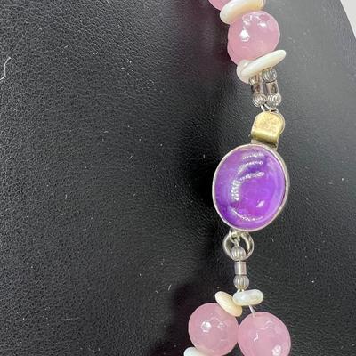 Vintage 1980s double twist 22â€ Rose Quartz, opal, Amethyst, crystal