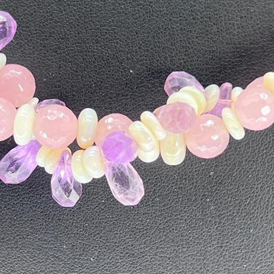 Vintage 1980s double twist 22â€ Rose Quartz, opal, Amethyst, crystal