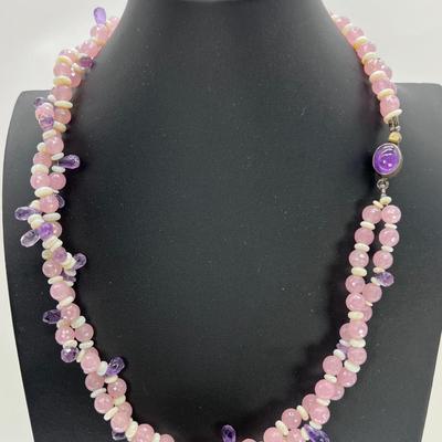 Vintage 1980s double twist 22â€ Rose Quartz, opal, Amethyst, crystal