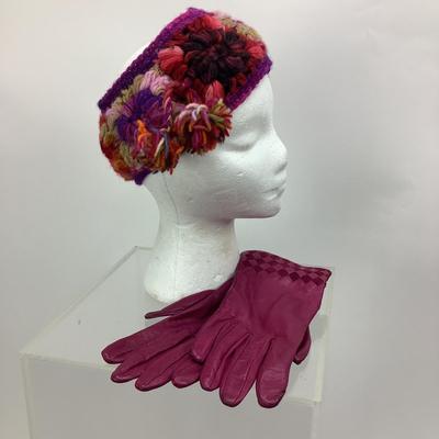 Lot 684  Hand Knit Floral Head/Ear Wrap & Purple Leather Gloves