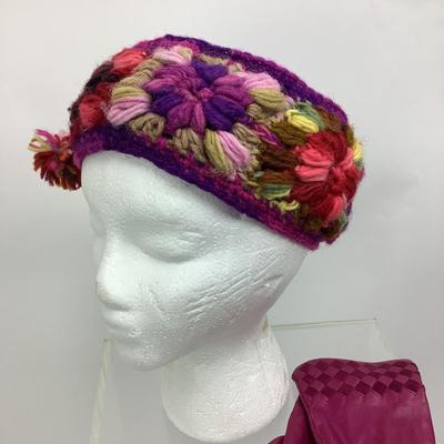 Lot 684  Hand Knit Floral Head/Ear Wrap & Purple Leather Gloves
