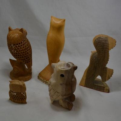 Lot of Carved Wooden Owls 3"-10"