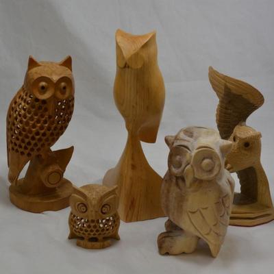 Lot of Carved Wooden Owls 3"-10"