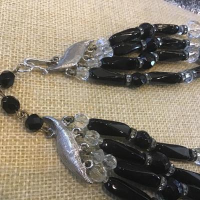 Vintage Black Glass Crystal Beaded Necklace. Japan