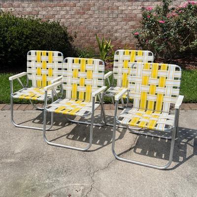 Set of Four (4) ~ Vtg Webbed Aluminum Folding Lawn Chairs