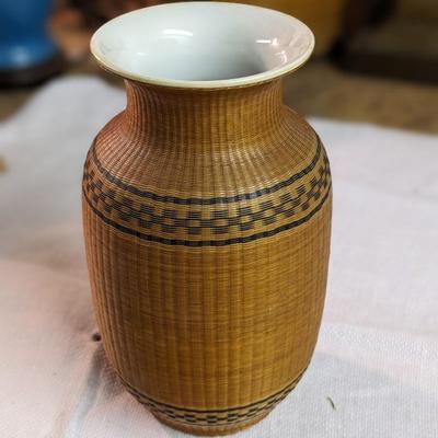 Vintage Chinese Porcelain Vase Covered in Woven Bamboo