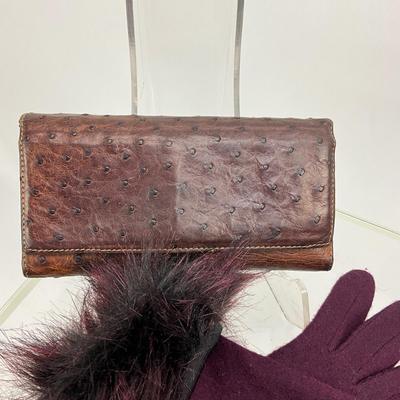 Lot 737 Purple Wool Gloves Faux Fur Cuffs & Outback Red African Ostrich Wallet