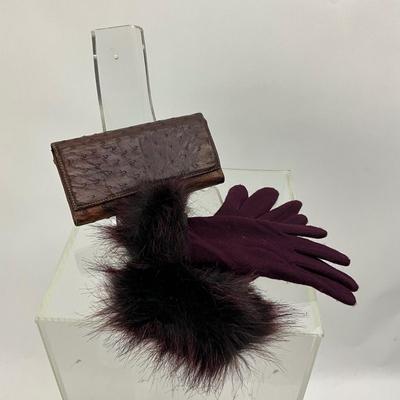 Lot 737 Purple Wool Gloves Faux Fur Cuffs & Outback Red African Ostrich Wallet