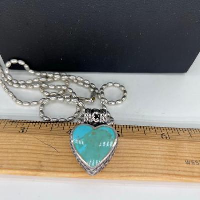925 Silver Turquoise hear necklace 22" Italian Chain