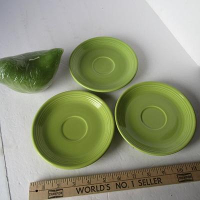 Lot 539:  Three Fiesta Saucers and Chicken Candle