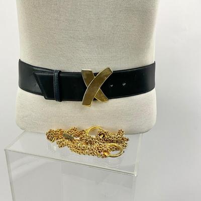 Lot 739  Paloma Picasso Navy Blue Leather Belt with Gold Tone â€œ X â€œ Buckle & Paloma Picasso Gold Tone Chain Belt