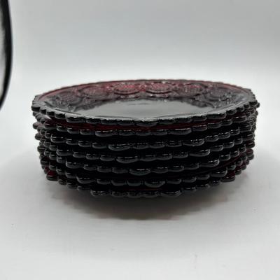Vintage Ruby Red Avon Glass Salad Dessert Plates Cape Cod Pattern Pressed Glass 1970s