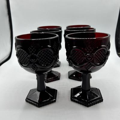 Set of 6 Ruby Red Wine Goblet Stemware Drink Glasses 1876 Cape Cod Pressed Glass AVON 1970s