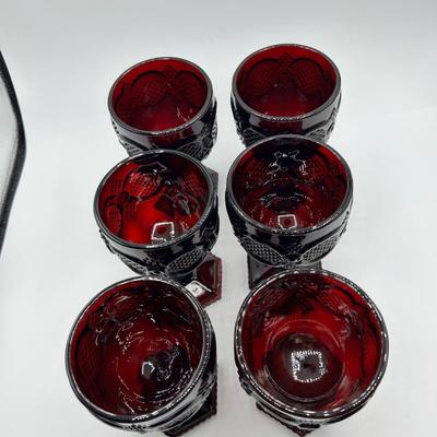 Set of 6 Ruby Red Wine Goblet Stemware Drink Glasses 1876 Cape Cod Pressed Glass AVON 1970s