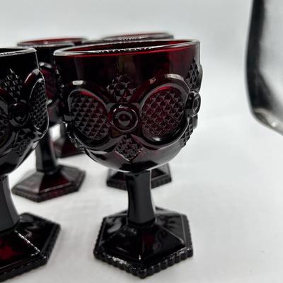 Set of 6 Ruby Red Wine Goblet Stemware Drink Glasses 1876 Cape Cod Pressed Glass AVON 1970s