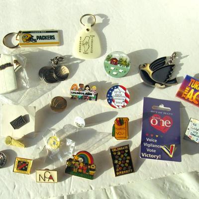 Lot 569:  Junk Drawer Lot of Pins and Key Rings, Etc
